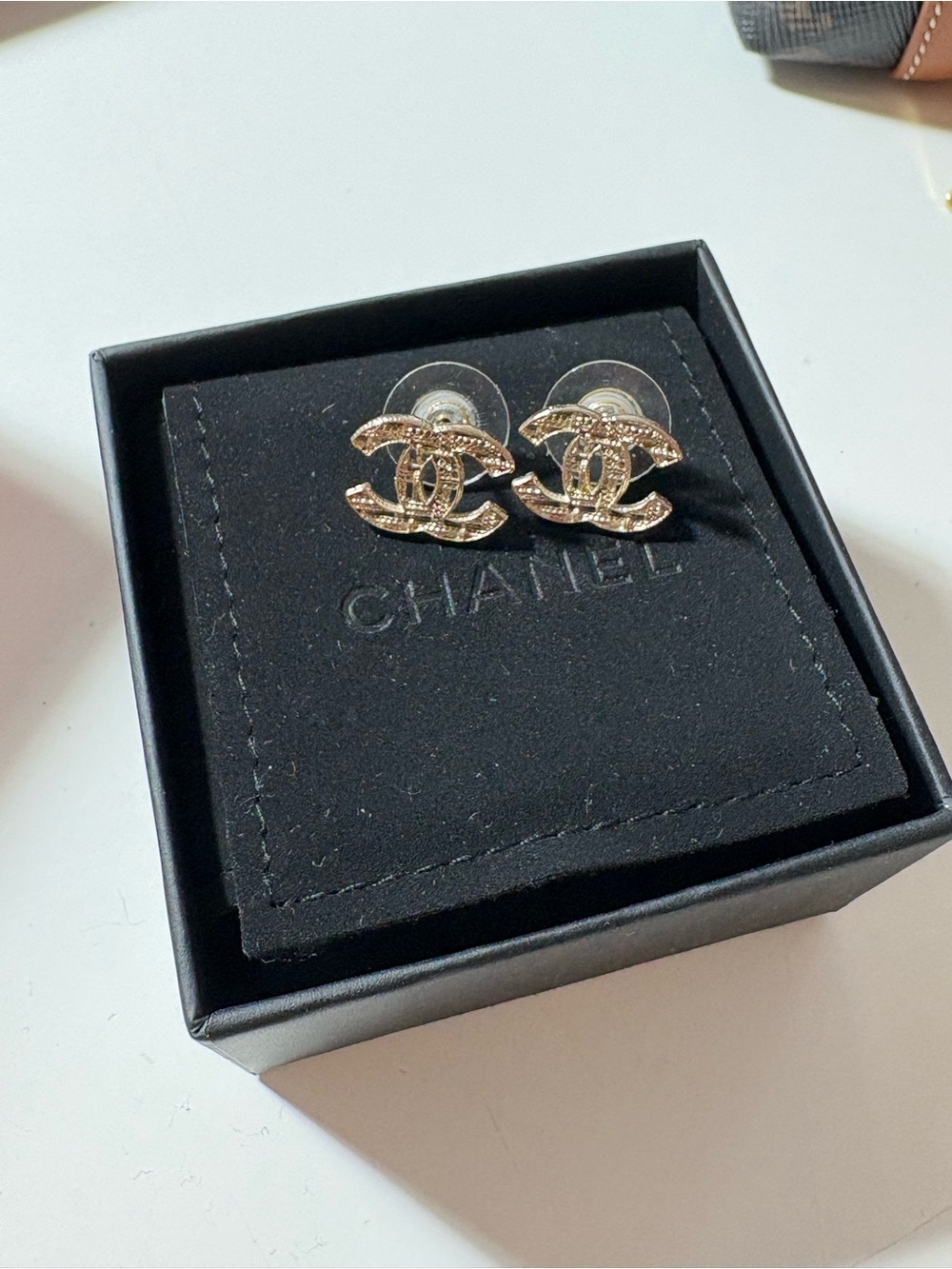 CHANEL Gold CC Crystal Logo Stud Earrings